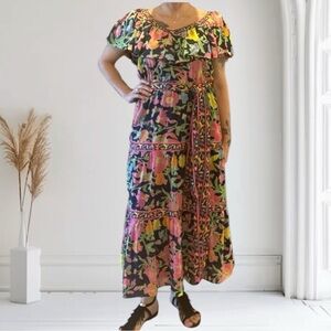 Gretchen Scott Blue Floral Bird Print Maxi Dress, Ruffle Neckline & Belt Small